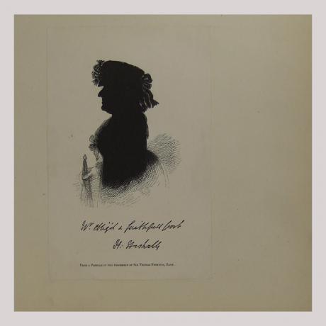 
        Silhouette of a woman with an umbrella and a hat facing left