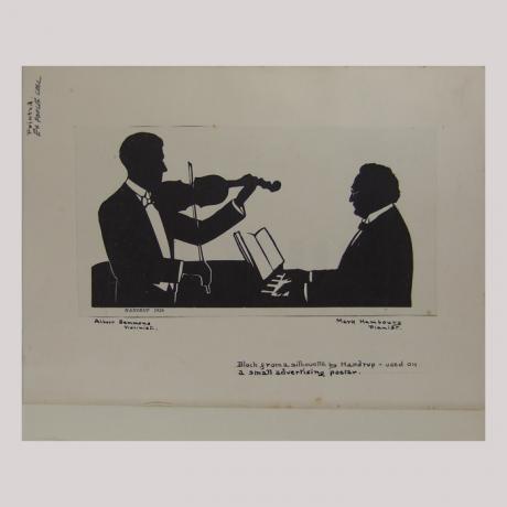 Two men facing each other, one playing violin the other piano