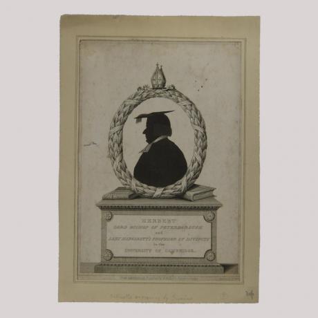 Silhouette of a man facing left, framed by a laurel wreath