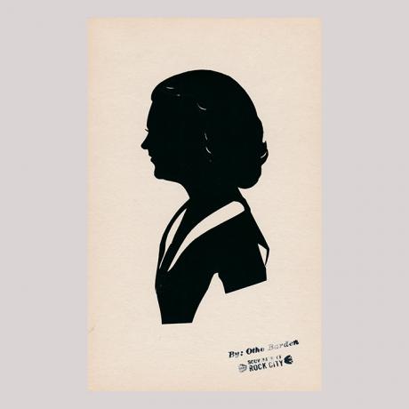 
        Front of silhouette, with a woman looking left.