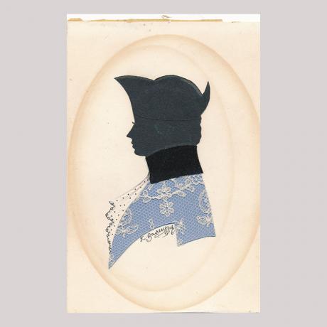
        Front of silhouette, with a man looking left, wearing a stock.