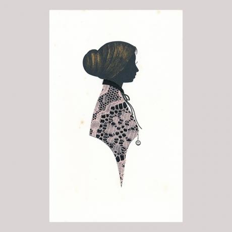 
        Front of silhouette, with woman looking right, wearing a ribbon.