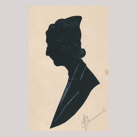 
        Front of silhouette, with a man looking left, wearing a hat.