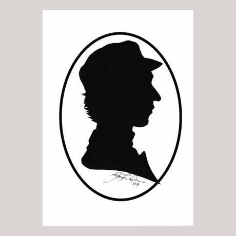 
        Front of silhouette, with man looking right, wearing a hat.