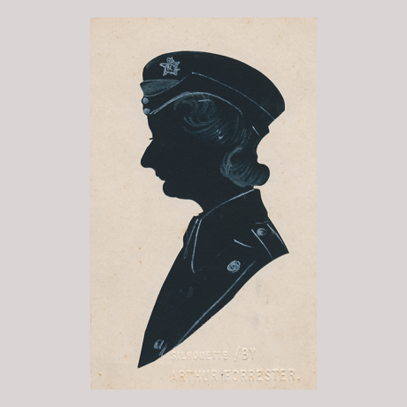 
        Front of silhouette, with woman looking left, wearing military uniform.
