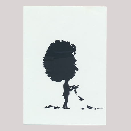 
        Front of silhouette, with man looking right who is cutting with scissors, the man is a caricature with a big head.